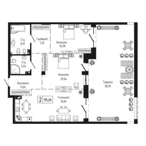 2-комн. квартира 115.29 м²