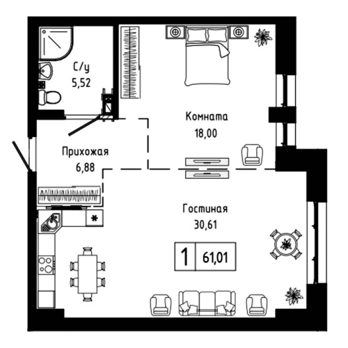 1-комн. квартира 61.01 м²