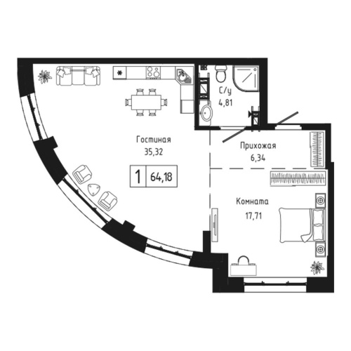 1-комн. квартира 64.18 м²