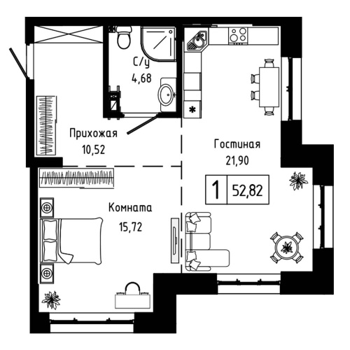 1-комн. квартира 52.82 м²