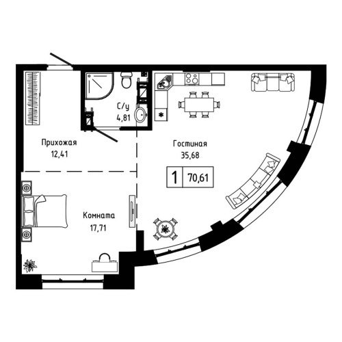 1-комн. квартира 70.61 м²