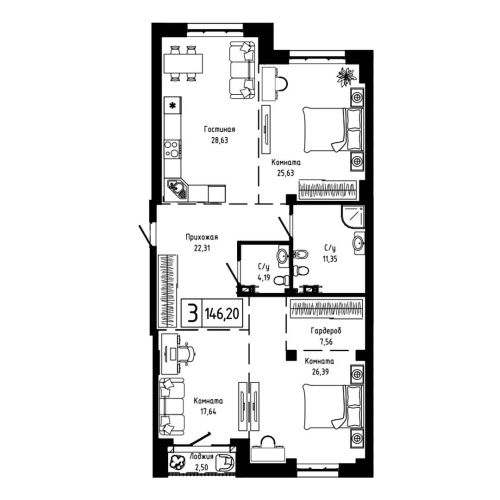 3-комн. квартира 146.2 м²