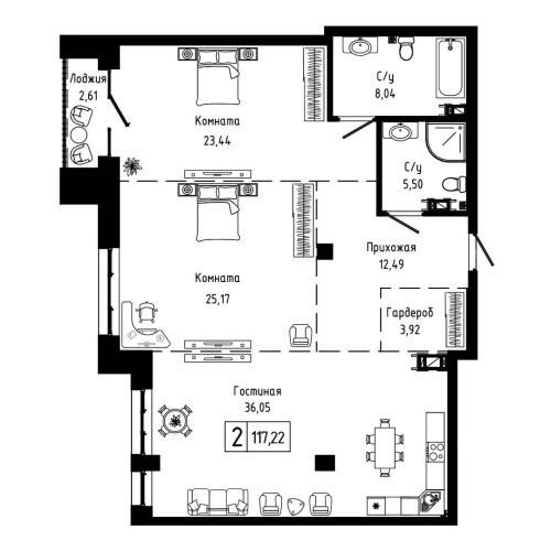 2-комн. квартира 117.22 м²