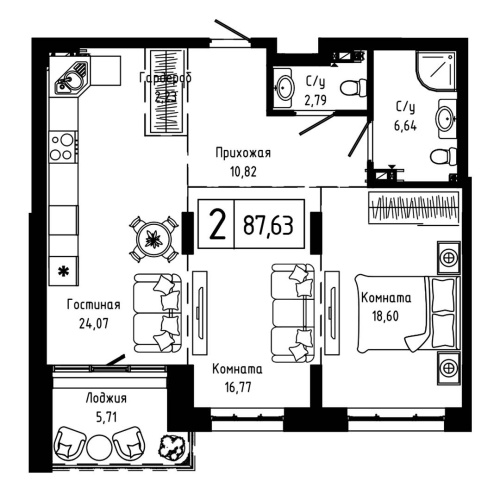 2-комн. квартира 87.6 м²