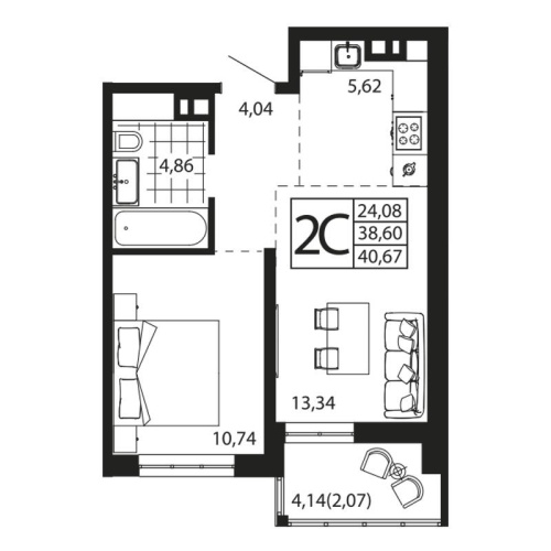 Евро 2-комн. квартира 39.95 м²