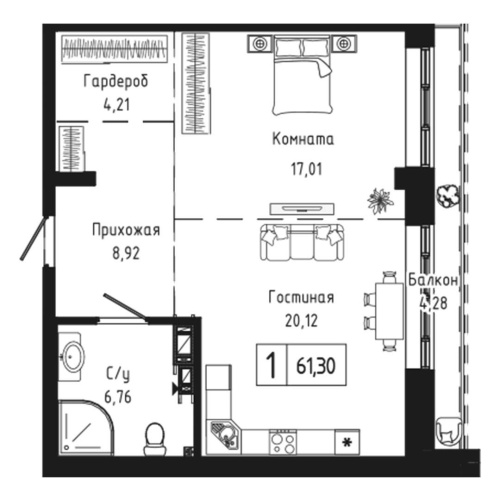 1-комн. квартира 61.3 м²