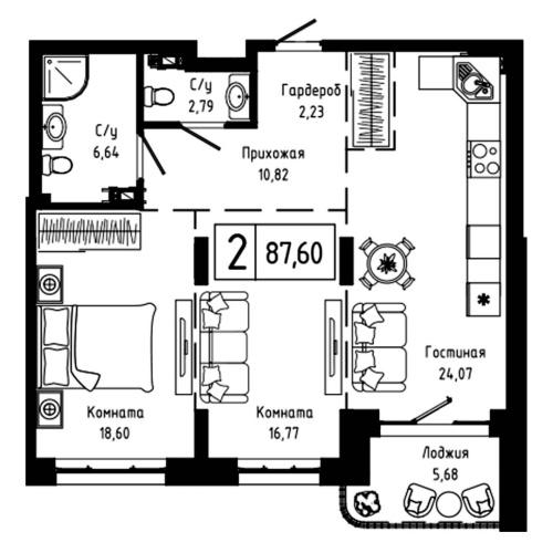 2-комн. квартира 87.6 м²