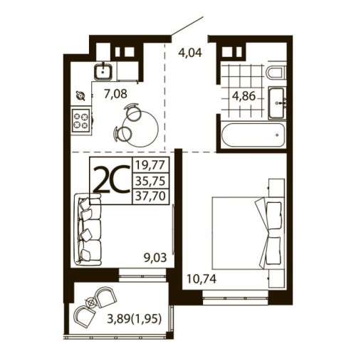 Евро 2-комн. квартира 37.73 м²