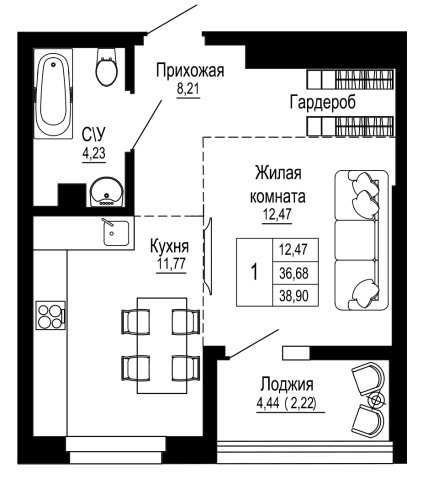 1-комн. квартира 38.94 м²