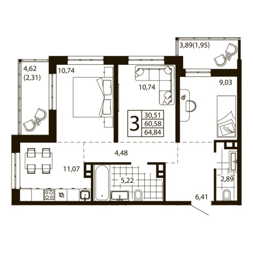 3-комн. квартира 63.3 м²