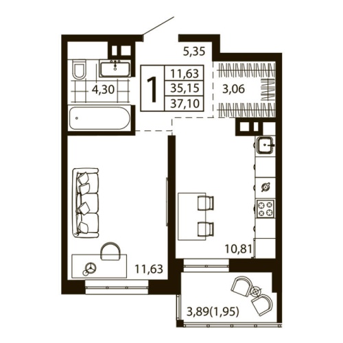 1-комн. квартира 36.45 м²