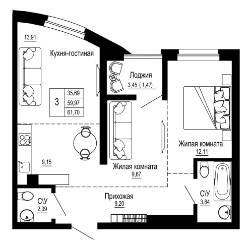 3-комн. квартира 61.92 м²