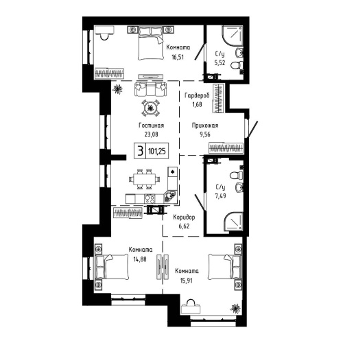 3-комн. квартира 101.25 м²