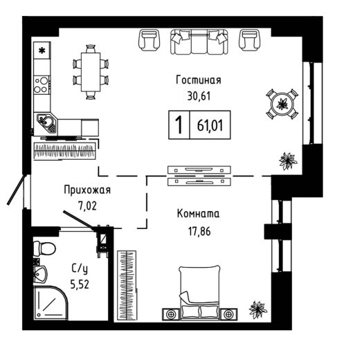 1-комн. квартира 61.01 м²