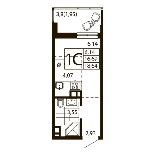 Студия 18.38 м²