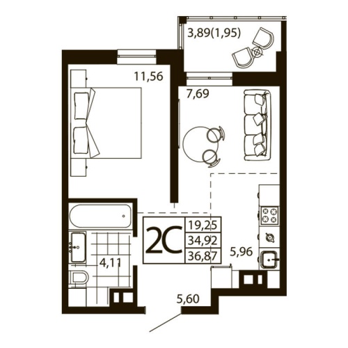 Евро 2-комн. квартира 36.79 м²