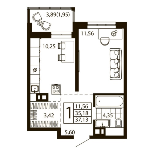 1-комн. квартира 37.13 м²